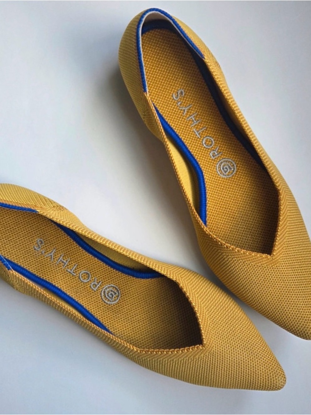 Rothy's Yellow Pointed Knit Ballet Flat with Blue Trim